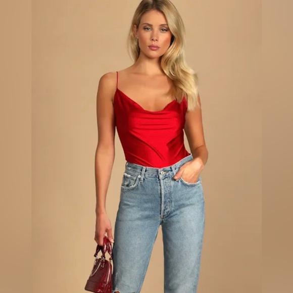 LULU’S TALKING SMOOTH RED COWL NECK BODYSUIT - Picture 2 of 6